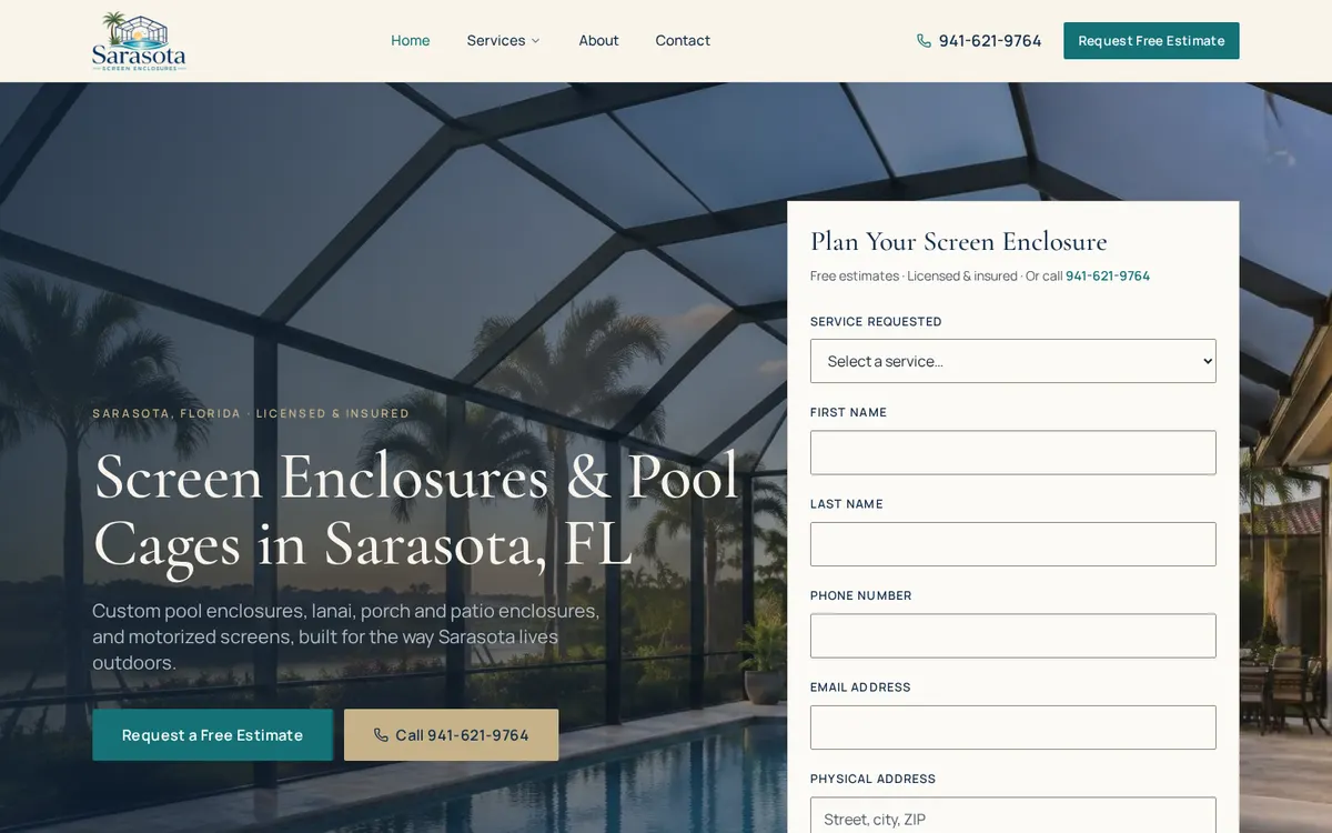 Actual homepage of Sarasota Screen Enclosures