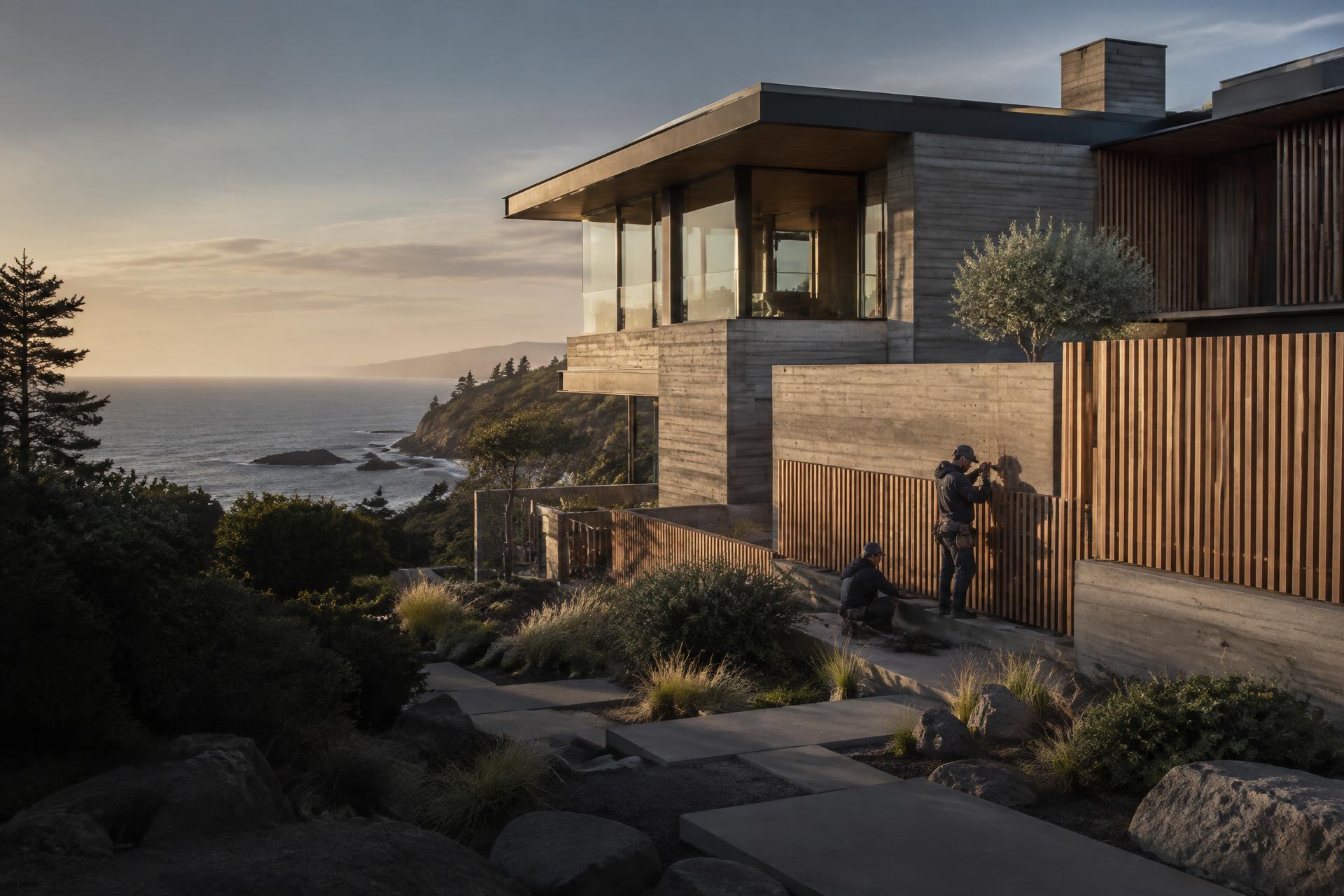 Craftspeople working on cedar screening at a modern concrete coastal residence